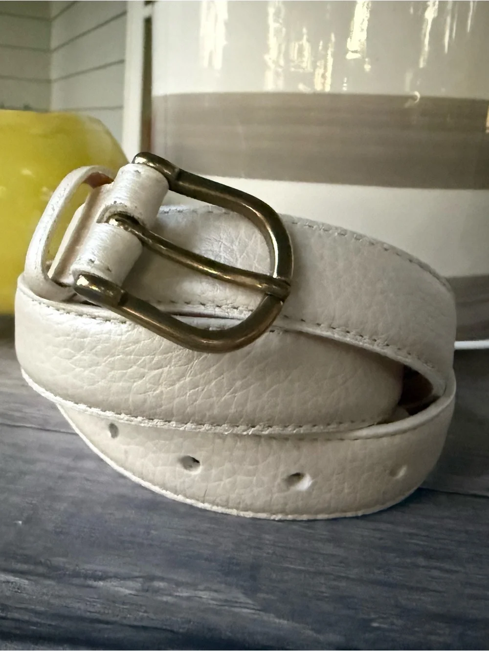 L.L. Bean Cream Leather Belt with Brass-Tone Buckle Size L